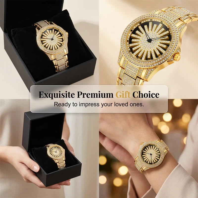 Men's Sunburst Dial Fully Iced Out Watch – Gold/Silver Rhinestone Bling Watch