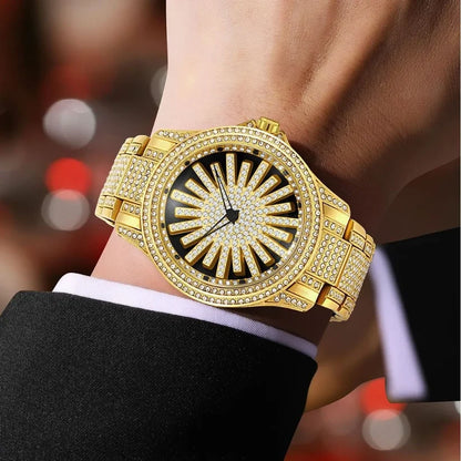Men's Sunburst Dial Fully Iced Out Watch – Gold/Silver Rhinestone Bling Watch