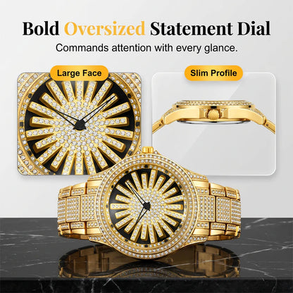 Men's Sunburst Dial Fully Iced Out Watch – Gold/Silver Rhinestone Bling Watch