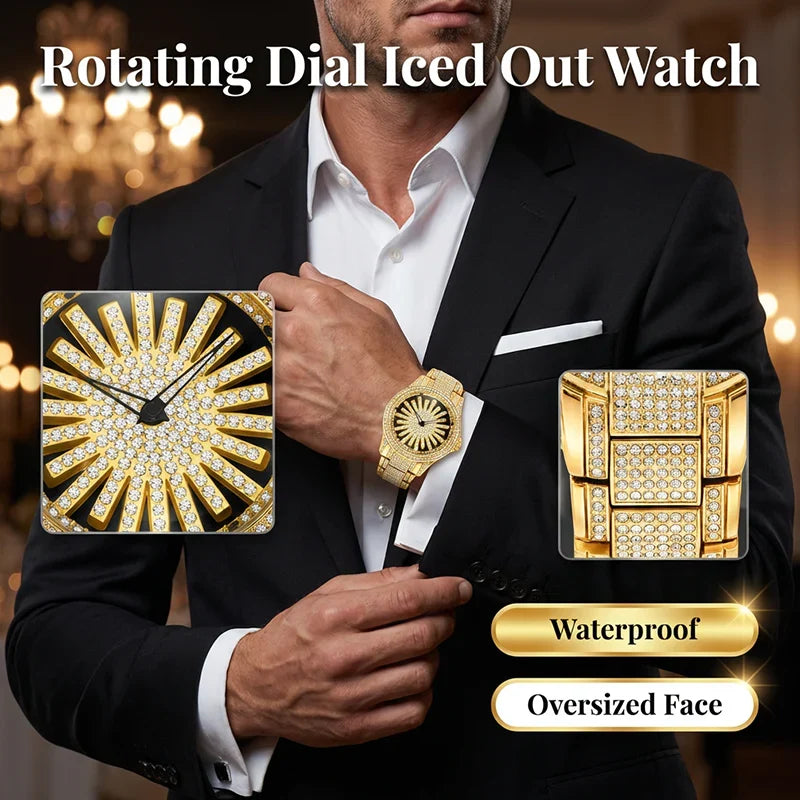Men's Sunburst Dial Fully Iced Out Watch – Gold/Silver Rhinestone Bling Watch