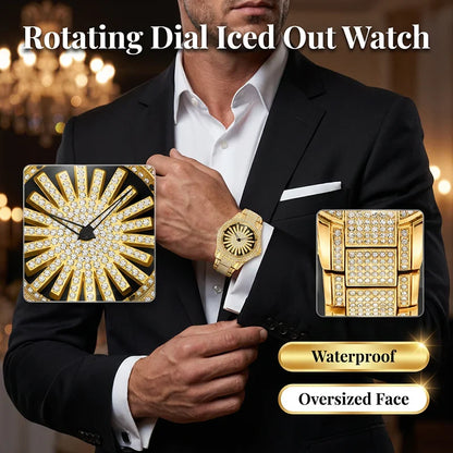 Men's Sunburst Dial Fully Iced Out Watch – Gold/Silver Rhinestone Bling Watch