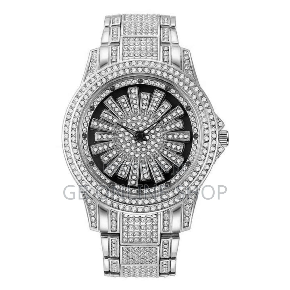 Men's Sunburst Dial Fully Iced Out Watch – Gold/Silver Rhinestone Bling Watch