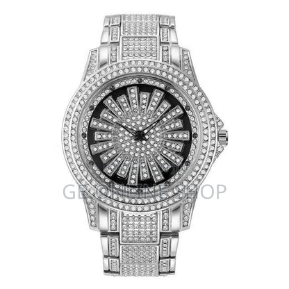 Men's Sunburst Dial Fully Iced Out Watch – Gold/Silver Rhinestone Bling Watch