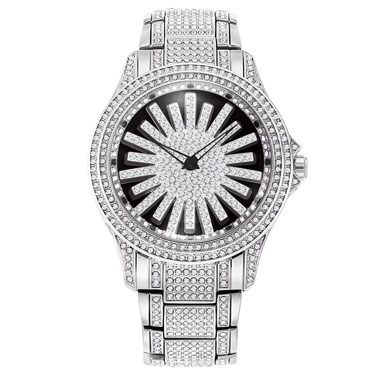 Men's Sunburst Dial Fully Iced Out Watch – Gold/Silver Rhinestone Bling Watch