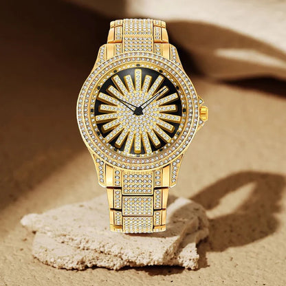 Men's Sunburst Dial Fully Iced Out Watch – Gold/Silver Rhinestone Bling Watch