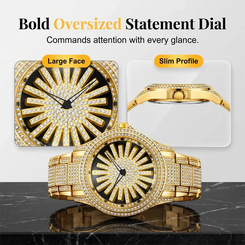 Men's Sunburst Dial Fully Iced Out Watch – Gold/Silver Rhinestone Bling Watch