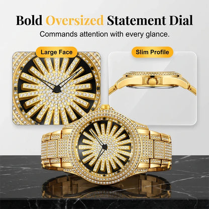 Men's Sunburst Dial Fully Iced Out Watch – Gold/Silver Rhinestone Bling Watch