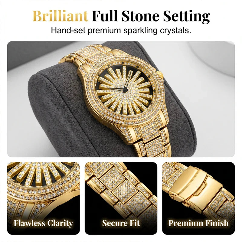 Men's Sunburst Dial Fully Iced Out Watch – Gold/Silver Rhinestone Bling Watch