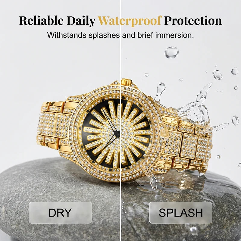 Men's Sunburst Dial Fully Iced Out Watch – Gold/Silver Rhinestone Bling Watch