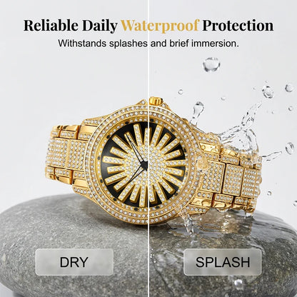 Men's Sunburst Dial Fully Iced Out Watch – Gold/Silver Rhinestone Bling Watch