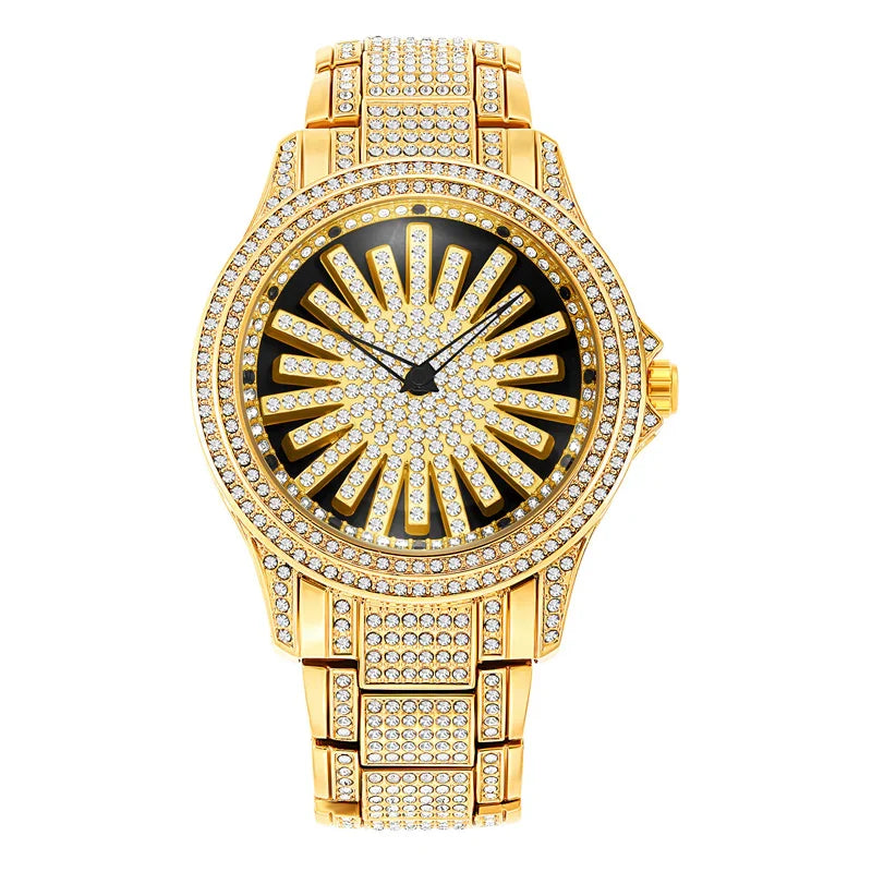 Men's Sunburst Dial Fully Iced Out Watch – Gold/Silver Rhinestone Bling Watch