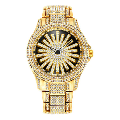 Men's Sunburst Dial Fully Iced Out Watch – Gold/Silver Rhinestone Bling Watch