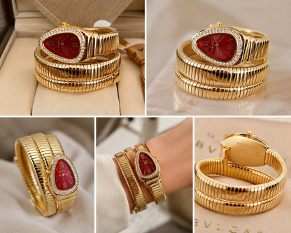 Serpentine Snake Wrap Watch, Maroon Roman Dial, Gold Tone Bracelet Watch for Women