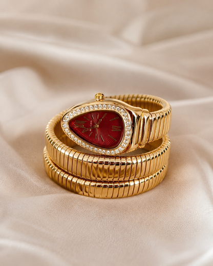 Serpentine Snake Wrap Watch, Maroon Roman Dial, Gold Tone Bracelet Watch for Women