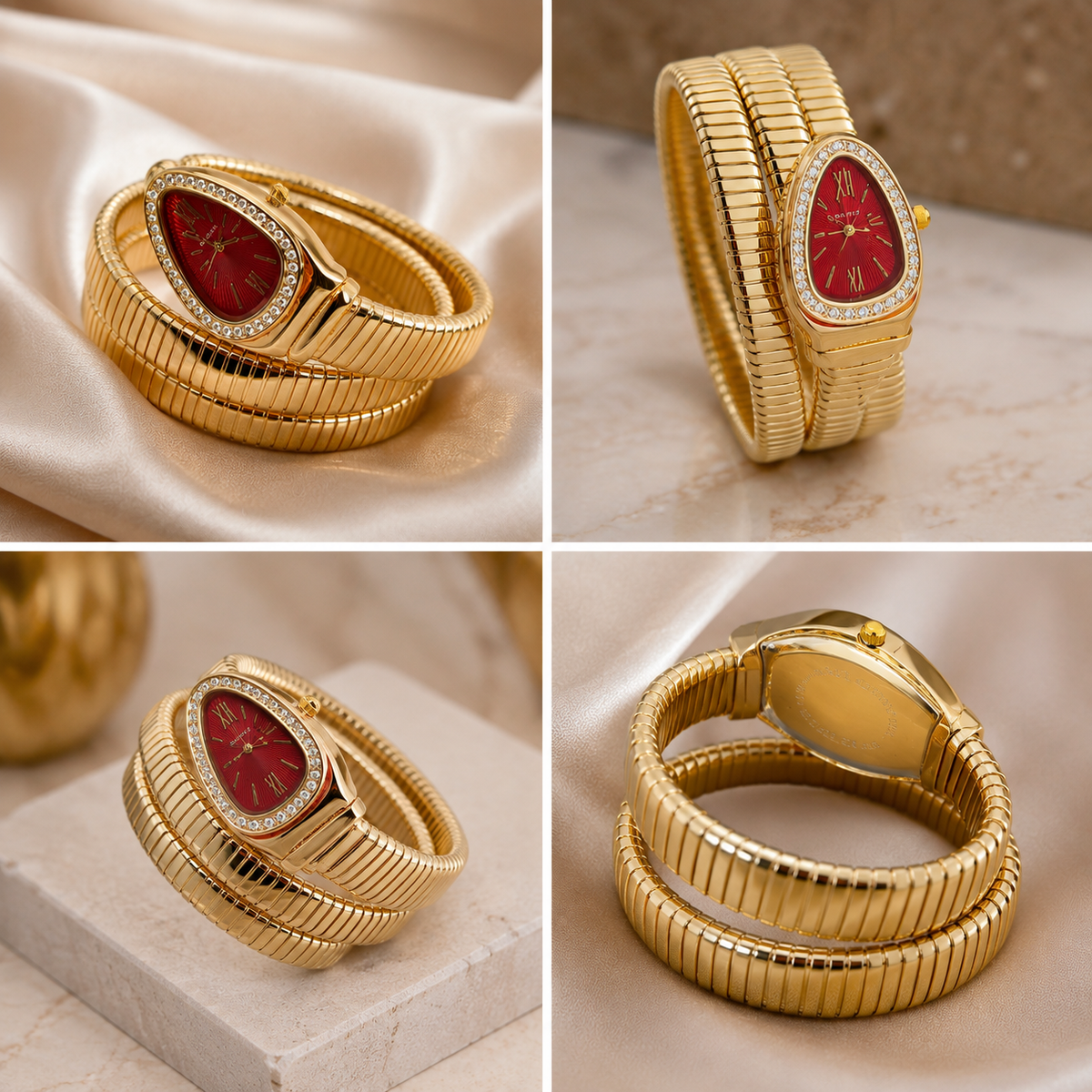 Serpentine Snake Wrap Watch, Maroon Roman Dial, Gold Tone Bracelet Watch for Women