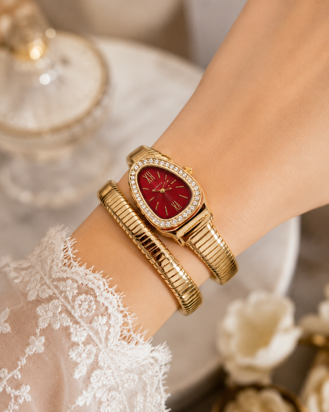 Serpentine Snake Wrap Watch, Maroon Roman Dial, Gold Tone Bracelet Watch for Women