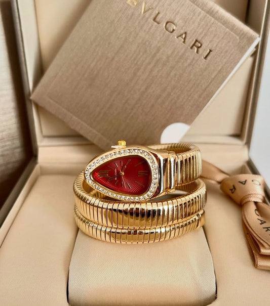 Serpentine Snake Wrap Watch, Maroon Roman Dial, Gold Tone Bracelet Watch for Women