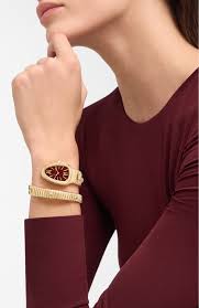 Serpentine Snake Wrap Watch, Maroon Roman Dial, Gold Tone Bracelet Watch for Women